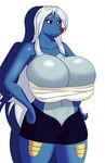  2016 anthro anthrofied big_breasts breasts cleavage clothed clothing curves deadpliss female hair huge_breasts invalid_tag navel nintendo pok&eacute;mon pok&eacute;morph red_eyes samurott shadow shorts simple_background skimpy solo video_games white_background white_hair 