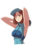  absurdres ace_trainer_(pokemon) armpits arms_behind_head arms_up breasts brown_eyes brown_hair collared_shirt covered_navel gloves highres large_breasts namunamu pokemon pokemon_(game) pokemon_sm shirt short_hair sleeveless smile solo upper_body visor_cap white_background 