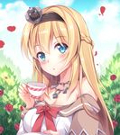  bare_shoulders blonde_hair blue_eyes blush braid breasts cleavage cloud crown cup day dress eyebrows_visible_through_hair eyes_visible_through_hair flower french_braid holding holding_cup jewelry kantai_collection long_hair looking_at_viewer medium_breasts mini_crown murasakigo necklace outdoors plant saucer sky solo teacup warspite_(kantai_collection) white_dress 