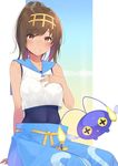  blue_pants blush brown_eyes brown_hair chinchou cosplay covered_navel gen_2_pokemon grin hairband hand_on_own_chest headband highres i-401_(kantai_collection) image_sample kantai_collection looking_at_viewer nezumidoshi one-piece_swimsuit pants parted_lips pokemon pokemon_(creature) pokemon_(game) pokemon_sm sailor_collar shirt short_ponytail sleeveless sleeveless_shirt smile suiren_(pokemon) suiren_(pokemon)_(cosplay) swimsuit swimsuit_under_clothes twitter_sample 