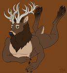  anthro antlers bakari butt cervine fur hair horn looking_at_viewer lying male mammal moose nude on_front smile solo 