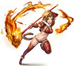  artist_request boots breasts brown_hair faa_(sennen_sensou_aigis) fire full_body holding holding_weapon large_breasts looking_at_viewer monkey_girl monkey_tail navel open_mouth polearm sennen_sensou_aigis short_hair short_sleeves solo tail thigh_boots thighhighs weapon 