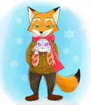  2016 anthro blush canine clothed clothing disney duo female fox green_eyes jacket judy_hopps lagomorph looking_down looking_up male mammal nick_wilde purple_eyes rabbit scarf size_difference snow snowflake swetpot winter zootopia 
