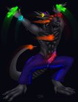  abs anthro bakari clothed clothing dragon erection glowstick male smile solo standing unzipped 