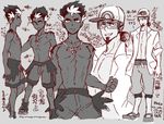  baseball_cap beard character_sheet dark_skin dark_skinned_male facial_hair gajutaro grey_background hat kaki_(pokemon) kukui_(pokemon) labcoat male_focus monochrome multicolored_hair multiple_boys pants pokemon pokemon_(game) pokemon_sm ponytail sandals shirtless shorts simple_background sweatpants trial_captain twitter_username two-tone_hair 