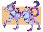  ambiguous_gender blue_fur claws digimon eyes_closed feral fur garurumon grin jeanwoof pawpads purple_pawpads red_claws solo stripes tail_tuft teeth tuft walking white_fur 