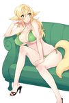  angelo_(gomahangetsu) animal_ears bikini blonde_hair blush breasts couch green_bikini green_eyes high_heels highres kaori-san_(angelo) large_breasts long_hair looking_away non-web_source original shoes side-tie_bikini sitting solo swimsuit tail 