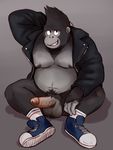  ape balls bottomless clothed clothing erection front_view glitter_trap_boy gorilla humanoid_penis jacket johnny_(sing) legwear looking_away male mammal moobs nipples open_jacket overweight overweight_male penis primate pubes retracted_foreskin shy sitting smile sneakers socks solo uncut vein veiny_penis 