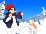  baggy_clothes beanie black_hair blue_coat blue_eyes blush commentary dog fisheye fringe_trim hands_up hat highres long_sleeves looking_back maruhana mountain open_mouth original pants red_hat red_scarf running scarf shiba_inu shirt smile snow solo tree white_pants white_shirt winter 