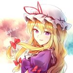  2016 blonde_hair blush bow commentary_request dated from_side hair_bow hat hat_ribbon long_hair looking_at_viewer looking_to_the_side minust mob_cap parted_lips puffy_short_sleeves puffy_sleeves purple_eyes red_bow red_ribbon ribbon short_sleeves sidelocks smile solo touhou upper_body yakumo_yukari 