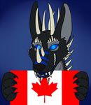  anthro bakari blue_eyes canine dragon flag fur horn looking_at_viewer male mammal open_mouth smile solo 