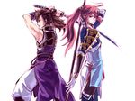  armor brown_hair fire_emblem fire_emblem_if grin hinata_(fire_emblem_if) japanese_clothes katana long_hair male_focus multiple_boys naginata over_shoulder polearm ponytail red_hair smile sword tsubaki_(fire_emblem_if) weapon weapon_over_shoulder white_background yoneko 