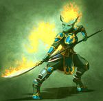  2016 5_fingers anthro clothed clothing female fire green_background green_skin holding_object holding_weapon longma mykegreywolf simple_background solo them&#039;s_fightin&#039;_herds tianhuo_(tfh) weapon 