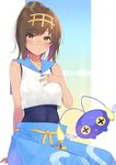  blue_pants blue_sailor_collar blush brown_eyes brown_hair chinchou cosplay covered_navel gen_2_pokemon grin hairband hand_on_own_chest headband highres i-401_(kantai_collection) kantai_collection looking_at_viewer nezumidoshi one-piece_swimsuit pants parted_lips pokemon pokemon_(creature) pokemon_(game) pokemon_sm sailor_collar school_swimsuit shirt short_ponytail sleeveless sleeveless_shirt smile suiren_(pokemon) suiren_(pokemon)_(cosplay) swimsuit swimsuit_under_clothes 