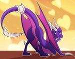  absurd_res all_fours anus bent_over blitzdrachin blue_eyes butt claws cynder digitigrade dragon female feral hi_res horn looking_at_viewer markings membranous_wings presenting presenting_hindquarters purple_scales pussy raised_tail scales scalie simple_background solo spyro_the_dragon the_legend_of_spyro video_games wings yellow_background 