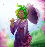  animal_humanoid artist_name artist_signature blush breasts cherry_blossom cleavage clothed clothing feline female green_eyes green_hair hair human humanoid hybrid japanese_clothing karen_taverndatter keidran looking_at_viewer mammal plant solo standing tom_fischbach twokinds umbrella yukata 