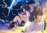  black_eyes black_hair brown_eyes brown_hair clouds crazypen jpeg_artifacts kimi_no_na_wa male miyamizu_mitsuha ribbons seifuku short_hair skirt sky tachibana_taki 