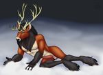  anthro antlers bakari balls cervine deer erection fur hair horn looking_at_viewer lying male mammal on_side smile solo 