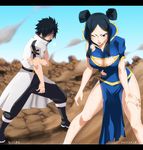  1boy 1girl black_hair breasts cleavage fairy_tail female gaston18 large_breasts male minerva_orlando 