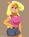  activision anthro bandicoot blonde_hair clothing crash_bandicoot_(series) denim_shorts female green_eyes hair josieokami makeup mammal marsupial shorts simple_background solo tawna_bandicoot video_games 