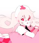  2rott_(peha) :o gradient gradient_background hat long_hair looking_at_viewer monochrome nurse nurse_cap open_mouth original pillow pink pink_hair red_eyes simple_background solo twintails wrist_cuffs 