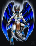  anthro armor bakari canine clothing feathered_wings feathers female horn hybrid loincloth mammal red_eyes solo wings 