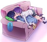  blue_eyes blue_hair blush couch dokidoki!_precure girl_on_top glasses hair_ornament hairclip heart hishikawa_rikka kenzaki_makoto long_hair lying multiple_girls negom on_back pillow precure purple_eyes purple_hair red-framed_eyewear short_hair shorts socks speech_bubble spoken_heart translated yuri 