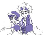  age_difference baseball_cap chain_necklace child eyewear_on_head guzma_(pokemon) hat hood hoodie indian_style kemuhiko male_focus monochrome multiple_boys pokemon pokemon_(game) pokemon_sm purple shirt short_sleeves simple_background sitting smile striped striped_shirt sunglasses t-shirt white_background you_(pokemon) 