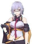  anger_vein belt coat eyebrows eyebrows_visible_through_hair food food_in_mouth girls_frontline glasses gloves hand_on_hip headphones headphones_around_neck lavender_hair looking_at_viewer mouth_hold necktie pocky red_eyes red_neckwear shirt short_hair simple_background sleeveless sleeveless_shirt solo thompson_submachine_gun_(girls_frontline) unbuttoned upper_body white_background xiujia_yihuizi yellow_gloves 