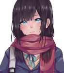  bad_id bad_pixiv_id beige_sweater black_hair blue_eyes blue_ribbon closed_mouth coat crying crying_with_eyes_open enpera expressionless eyelashes face highres kiri_itoguchi lips long_hair looking_up original red_scarf ribbon scarf simple_background solo streaming_tears tears white_background 