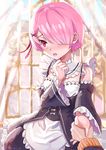  absurdres bare_shoulders black_dress blush breasts curtains detached_sleeves dress frilled_sleeves frills hair_ornament hair_over_one_eye hair_ribbon hand_on_own_chest highres holding_hands jacket looking_at_viewer maid maid_headdress natsuki_subaru open_mouth out_of_frame pink_eyes pink_hair pov pov_hands ram_(re:zero) re:zero_kara_hajimeru_isekai_seikatsu ribbon short_hair small_breasts solo_focus track_jacket upper_body wangxiii wide_sleeves window x_hair_ornament 