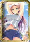  &gt;o&lt; armpits arms_up blonde_hair blue_eyes blue_shorts brown_hair copyright_name cosette_coalhearth day from_below gym_uniform hairband juliana_eberhardt long_hair looking_at_viewer lowres multiple_girls outdoors senjou_no_valkyria senjou_no_valkyria_2 short_hair short_shorts shorts sky 