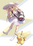  arms_up bag bangs blonde_hair blush boots braid commentary_request dress duffel_bag eyebrows_visible_through_hair gen_1_pokemon green_eyes hat highres lillie_(pokemon) long_hair looking_at_viewer low_twintails ne-on pikachu pokemon pokemon_(creature) pokemon_(game) pokemon_sm side_braid sleeveless sleeveless_dress smile standing sun_hat sundress twin_braids twintails white_dress white_footwear white_hat z-move 
