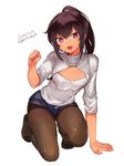  :d absurdres arm_support black_legwear blue_shorts blush brown_hair buttons dark_skin dated flat_chest full_body head_tilt highres konbu_wakame long_hair long_sleeves looking_at_viewer meme_attire one_knee open-chest_sweater open_mouth original pantyhose pantyhose_under_shorts ponytail purple_eyes short_shorts shorts simple_background smile solo sweater turtleneck white_background 