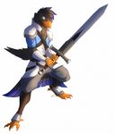  5_fingers anthro armor avian beak bird blue_eyes clothed clothing holding_object holding_weapon hornedfreak male melee_weapon simple_background smile solo sword weapon white_background yellow_beak 