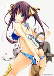  animal ass bikini bikini_pull blue_bikini blue_eyes blush brown_hair cat grey_background halterneck kai_yuuki kurisugawa_kii long_hair looking_back original simple_background solo swimsuit thighs twintails 