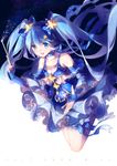  2017 :d bare_shoulders blue_eyes blue_hair character_name choker collarbone constellation_print detached_sleeves fingerless_gloves floating_hair gloves hatsune_miku highres lingshi_reishi long_hair open_mouth ribbon_choker skirt smile solo space star star_(sky) star_night_snow_(vocaloid) starry_sky_print teeth twintails very_long_hair vocaloid wand yuki_miku 