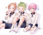  3boys ? abandon_ranka akita_toushirou blue_eyes brown_eyes brown_hair candy clenched_hand eyes_closed food green_hair hand_on_own_cheek heart highres houchou_toushirou legwear_under_shorts lollipop male_focus mouri_toushirou multiple_boys open_mouth pantyhose pink_hair shorts sitting smile spoken_question_mark touken_ranbu translation_request white_legwear 