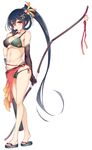  arrow asymmetrical_gloves bikini black_hair blush bow_(weapon) breasts cleavage flower full_body gloves hair_flower hair_ornament hand_on_own_face highres holding holding_bow_(weapon) holding_weapon kodama_yuu large_breasts long_hair looking_at_viewer mole mole_under_eye navel o-ring o-ring_bikini o-ring_bottom o-ring_top quiver red_eyes sandals sarong shirohime_quest simple_background skindentation smile solo standing strap_gap swimsuit very_long_hair weapon white_background yoshida-gun_yamashiro 