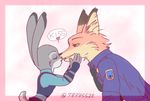  &lt;3 badge belt black_fur black_nose blush bulletproof_vest canine clothed clothing disney duo eyes_closed female fox fur green_eyes grey_fur inner_ear_fluff judy_hopps kissing lagomorph long_ears male mammal nahami necktie nick_wilde open_mouth orange_fur pink_nose police_uniform predator/prey rabbit size_difference smile tall uniform white_fur yellow_fur zootopia 