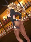  alcohol animal_ears ass back-seamed_legwear bangs bar black_hairband black_jacket black_legwear black_leotard blazer blue_eyes blunt_bangs breasts bunny_ears bunny_girl bunny_tail bunnysuit commentary_request contrapposto covered_nipples cropped_jacket damegane dutch_angle eyebrows_visible_through_hair eyelashes fake_animal_ears feet_out_of_frame from_side hair_intakes hair_ornament hair_scrunchie hairband half-closed_eyes hand_on_hip high_ponytail highleg highleg_leotard highres indoors jacket large_breasts leg_garter leotard light_brown_hair lips long_hair long_sleeves looking_at_viewer looking_to_the_side nape open_mouth original pantyhose parted_lips ponytail rum scrunchie seamed_legwear shiny shiny_hair sideboob sidelocks solo standing strapless strapless_leotard tail teeth wavy_hair white_scrunchie 
