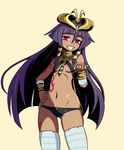  ass_visible_through_thighs bandages bangs beckoning beige_background blunt_bangs bracelet breasts cowboy_shot crown dark_skin egyptian egyptian_clothes gold grin hair_ornament hair_tubes hand_on_hip jewelry long_hair looking_at_viewer monster_girl_encyclopedia nav navel pharaoh_(monster_girl_encyclopedia) pink_eyes purple_hair simple_background small_breasts smile solo tattoo teeth very_long_hair wide_hips younger 