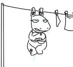  2016 animate_inanimate anthro black_and_white clothes_line covering covering_breasts covering_self crossed_arms dangling female hippopotamus mammal monochrome nude plushie princess_hippo solo the_weaver toy toybox_pals unamused wet 