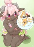  2016 anthro bangs bell bikini black_fur blush breasts cake canine caprine cheek_tuft cleavage clothed clothing dipstick_tail duo eyes_closed female flower flower_in_hair fluffy fluffy_tail food fox fur goat hair hi_res high-angle_view horn kame_3 kemono kneeling mammal micro multicolored_tail orange_fur orange_hair pink_hair plant purple_eyes shirt signature simple_background size_difference swimsuit tuft 