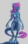  2016 anthro blue_skin breasts claws dragon fantdragon female green_eyes hair horn long_hair long_tail nipples nude pink_hairs pussy scalie smile solo standing 