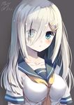  alternate_hair_length alternate_hairstyle artist_name between_breasts blue_eyes blush breasts collarbone commentary eyebrows_visible_through_hair eyes_visible_through_hair grey_background hair_ornament hair_over_one_eye hairclip hamakaze_(kantai_collection) highres kantai_collection kouyafu long_hair looking_at_viewer medium_breasts neckerchief open_mouth school_uniform serafuku short_sleeves signature silver_hair simple_background solo yellow_neckwear 