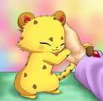  :3 blush cheetah clothing eyes_closed feline feral fur human jasper_(jewelpet) jewelpet jewelry mammal petting yellow_fur たっきー 