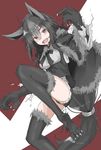  :d animal_ears bangs black_hair black_legwear black_ribbon black_shorts blush breasts brown_eyes buttons cape claws eyebrows_visible_through_hair fang fur_trim gen_3_pokemon grey_hair hair_between_eyes highres long_hair low-tied_long_hair medium_breasts mightyena multicolored_hair open_mouth personification pokemon ribbon shirokuma1414 shorts smile solo streaked_hair tail thighhighs torn_clothes torn_sleeves underbust v-shaped_eyebrows very_long_hair wolf_ears wolf_paws wolf_tail 