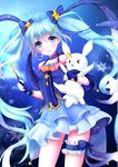  arms_up blue_eyes blue_hair bunny earrings fingerless_gloves gloves hair_ornament hair_ribbon hairclip hatsune_miku jewelry long_hair looking_at_viewer nail_polish one_eye_closed ribbon scarf setoda_(llgo) skirt snowflakes star_night_snow_(vocaloid) twintails very_long_hair vocaloid wand yuki_miku yukine_(vocaloid) 