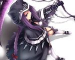  animal_hood black_cape braid cape cat_hood chain collar dagger dog_collar fate/grand_order fate_(series) from_above gloves hood leotard long_hair medusa_(lancer)_(fate) moriyama_ei purple_eyes purple_hair rider scythe simple_background solo thighhighs very_long_hair weapon white_background 